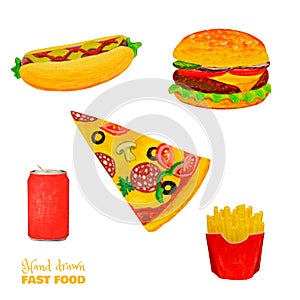 Fast food colorful set. Ready meal isolated on white. Hamburger, sandwich, slice of pizza, french fries, drink.