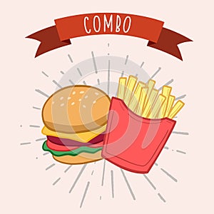 Fast food combo. Vector color illustration in cartoon style. Poster design. Hamburger and french fries
