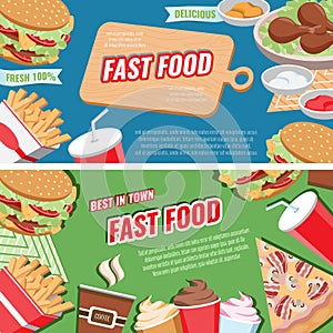 Fast food concept banner flat style, vector horizontal templates set with french fies burger soda etc