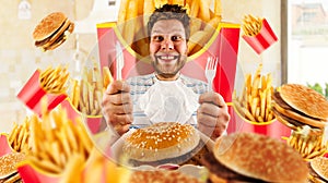Fast food concept, man and burgers with fries