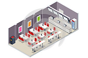 Fast Food Court. Isometric Coffee, Burgers, Salad and Pizza Place, Cafeteria, Restaurant Interior, Catering, Shopping