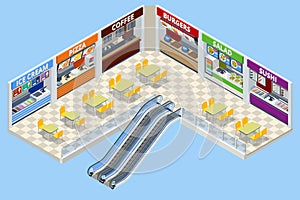 Fast Food Court. Isometric Sushi, Coffee, Ice Cream, Burgers, Salad and Pizza Place, Cafeteria, Restaurant Interior