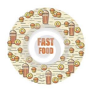 FAST FOOD. Cupcake, donut and drink. Emblem. Linear symbol for poster, menu, advertising. Vector
