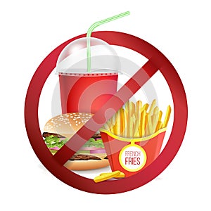 Fast Food Danger Label Vector. No Food Or Drinks Allowed Sign.