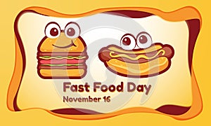 Fast Food Day Background. November 16. Greeting card, banner, vector illustration. With the burger, hot dog, and hamburger icon.