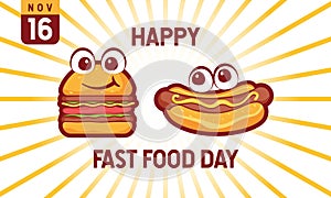Fast Food Day Background. November 16. Greeting card, banner, vector illustration. With the burger, hot dog, and hamburger icon.