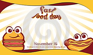 Fast Food Day Background. November 16. Greeting card, banner, vector illustration. With the burger, hot dog, and hamburger icon.