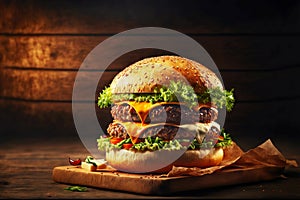 Fast food delicious cheese chicken burger with two cutlets and vegetables in restaurant