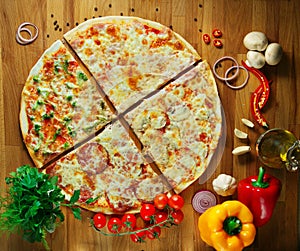 Fast food, delicious hot Italian pizza with vegetables
