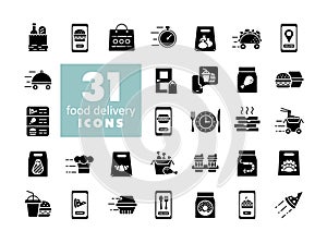 Fast food delivery vector glyph icons set