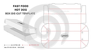 Fast food die cut template, hot dog packaging die cut template, 3d box, keyline