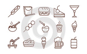 Fast food dinner and menu, tasty meal and unhealthy, restaurant lunch icons set line and fill style