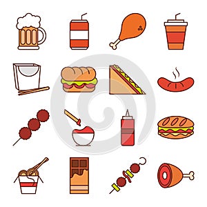 Fast food dinner and menu, tasty meal and unhealthy, restaurant lunch icons set line and fill style