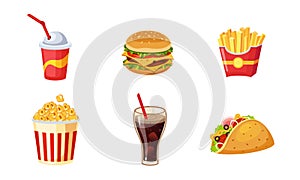 Fast Food Dishes Set, French Fries, Hamburger, Soda Drink, Taco, Popcorn, Coffee Vector Illustration