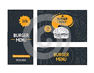 Fast food doodle banner menu restaurant set, Burger template, american hamburger illustration, brochure poster on black