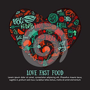 Fast food doodle banner in shape of heart. Hand-drawn set with barbeque accessories, lettering vector illustration on
