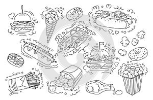 Fast food doodle set line menu tasty lunch vector