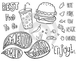 Fast Food Doodles Hand Drawn Sketchy Vector Symbols