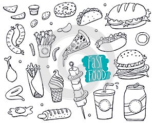 Fast Food Doodles Hand Drawn Sketchy Vector Symbols