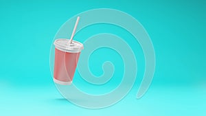 Fast Food Drinking Cup with Straw Spinning on Studio Blue Background