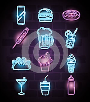 Fast food and drinks with neon lights icons