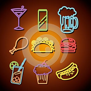 Fast food and drinks with neon lights icons