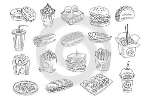 Fast food and drinks sketch set. Hand drawn vector design of fast food, street food for shop or cafe menu