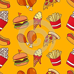 Fast food elements seamless pattern on yellow background vector illustration. Easily modifiable vector elements photo
