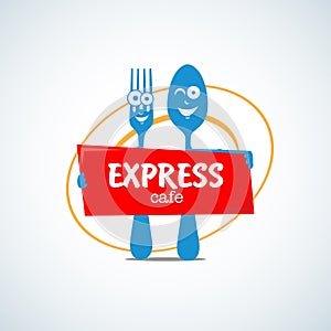 Fast food, express cafe logo template. Fork and spoon cartoon characters with yellow dish on background, food theme logotype v