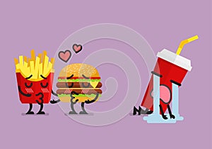 Fast food fall in love kissing with heartbroken soft drink