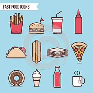 Fast food flat design elements and icons set vector. Pizza, Hot Dog, Hamburger, Tacos, Ice cream, Cola and Donut