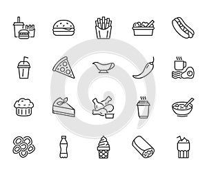 Fast food flat line icons set. Burger, combo lunch, french fries, hot dog, sauce, salad, soup, pizza vector