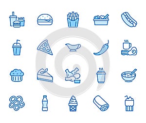 Fast food flat line icons set. Burger, combo lunch, french fries, hot dog, sauce, salad, soup, pizza vector