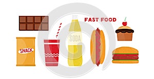Fast food flat vector illustrations set. Restaurant takeaway products isolated cliparts pack on white background