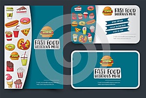 Fast food flyer and banner or business card set. Poster template for a magazine advertisement page, menu, cover.