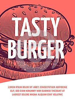 Fast food flyer. Tasty burger restaurant or cafe poster, hamburger hand drawn vector illustration sketch style for menu