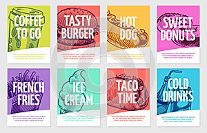 Fast food flyers. Coffee, burger and hotdog, pies and fries, ice cream and cola, sandwich. Restaurant posters vector set