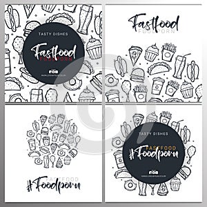 Fast Food and FoodPorn banner with tasty dishes. Burger, French Fries, Soft Drinks and Coffee. Hand draw doodle