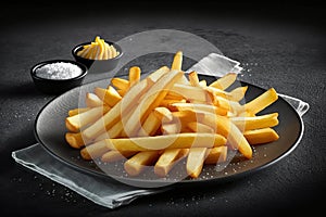 Fast food french fries potatoes with skin served with salt, Generative AI