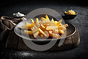 Fast food french fries potatoes with skin served with salt. Plate of crispy seasoned french fries. generative ai
