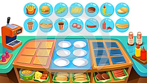 Fast food game vector background in cartoon style with. Burger and hot dog elements