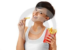 Fast Food. Girl Eating French Fries. White Background. Food Concept.