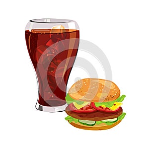 Fast food, hamburger, cola with ice