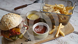 Fast food hamburger, french fries