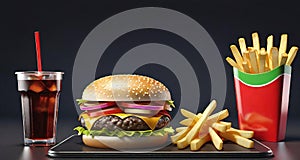 Fast food. Hamburger, french fries and cola. 3d illustration.