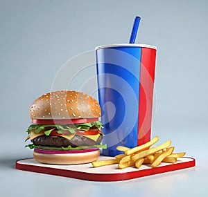 Fast food. Hamburger, french fries and cola. 3d illustration.