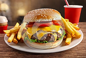 Fast food hamburger with french fries on table