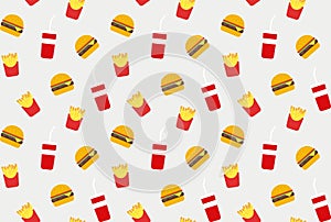 Fast food hamburger, fries and drink pattern background