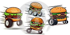 Fast food hamburger wheels zooming around vector graphics illustration