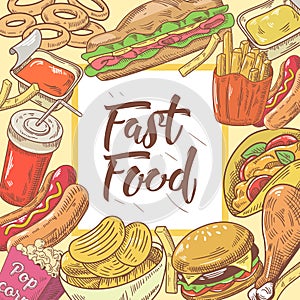 Fast Food Hand Drawn Background with Burger, Hot Dog and Drink. Unhealthy Eating